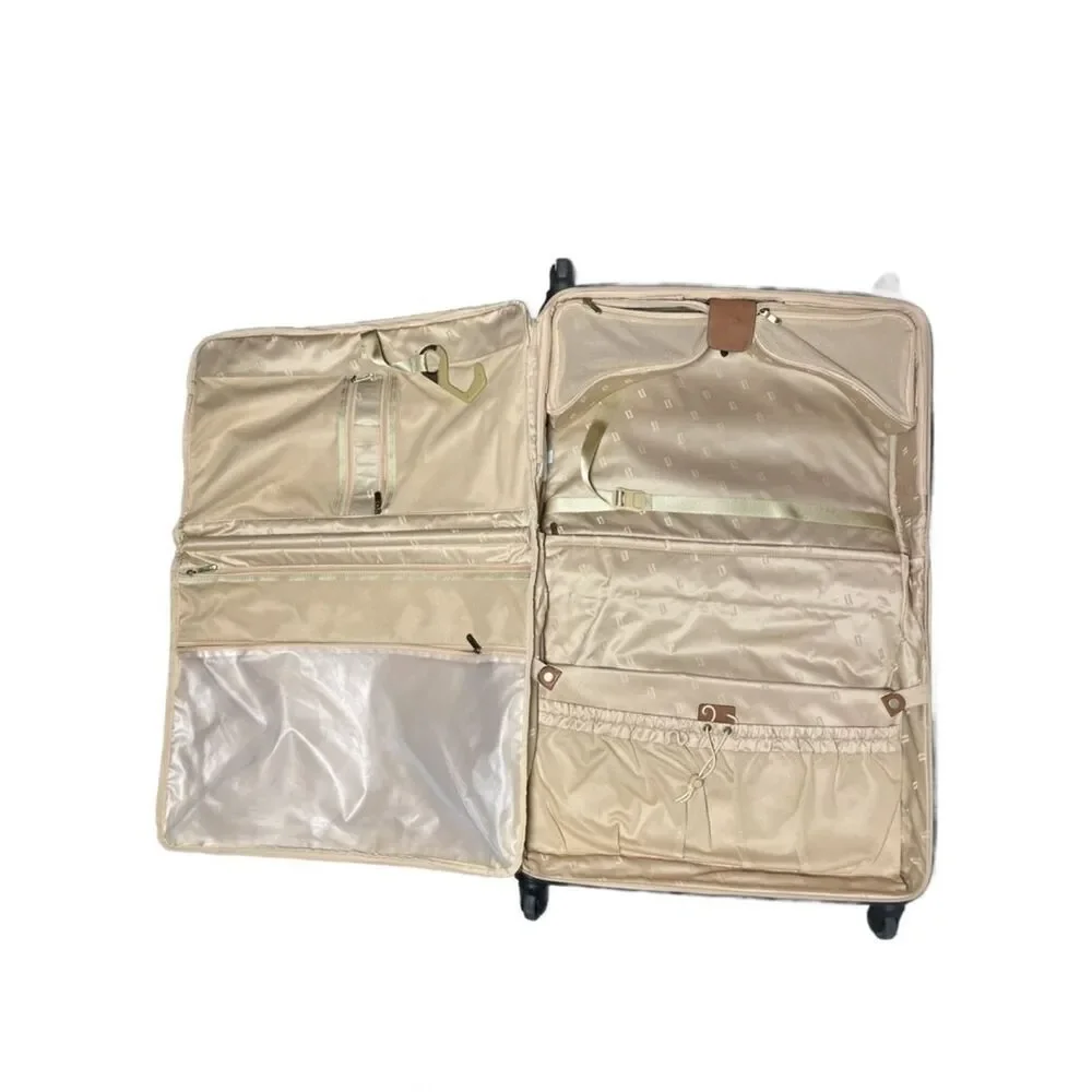 Hartmann Black Rolling Garment Bag w/Tan Leather Trim & Gold Satin Interior